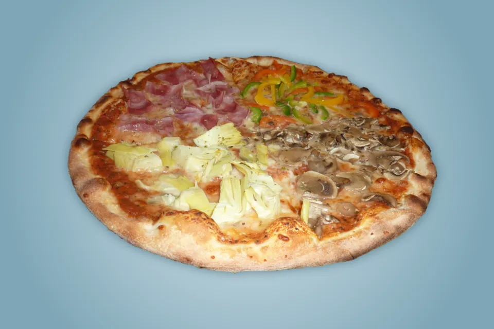 A pizza on a blue backdrop