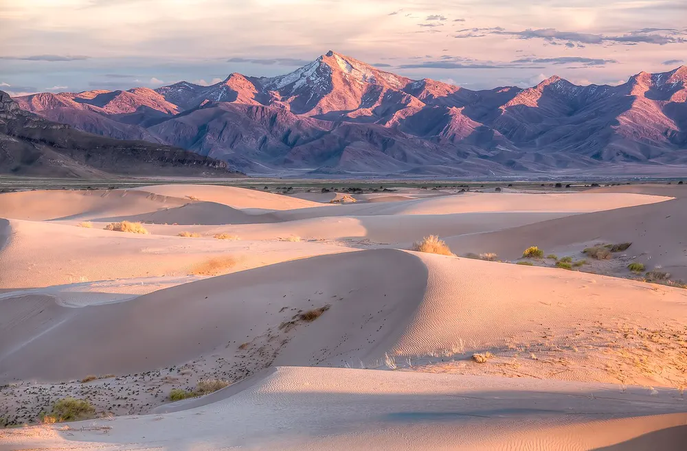 Sand dunes under a pink mountain range, developed with warm tones